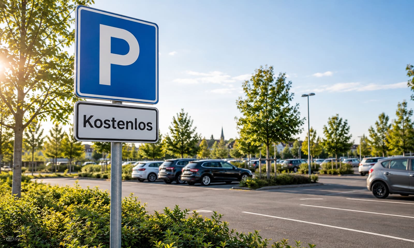 Kostenloser Parkplatz mit markierten Stellflächen und Bäumen am Rand eines Wohngebiets